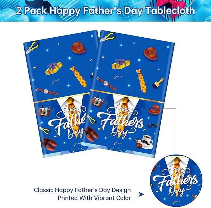 2 Pack Fathers Day Tablecloth - Happy Father's Day Table Cloth, Plastic Disposable Rectangle Blue Father Day Table Cover for Fathers Day Decorations Party Decor Supplies Favors,108 x 54 Inch