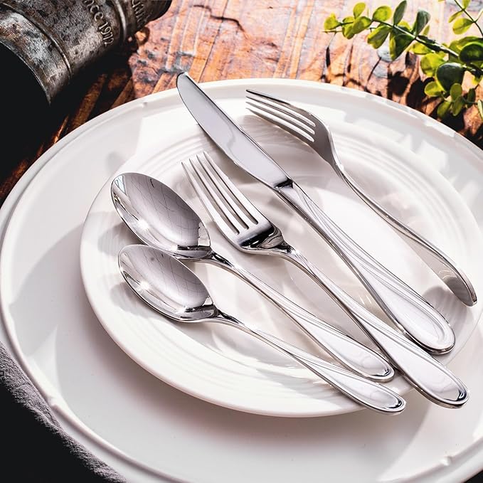 HIKAA Wave Design Silverware Set Service for 1, 5-Piece Artistic Stainless Steel Flatware Set with Fibonacci Pattern, Heavy Duty Mirror Polished Cutlery Set