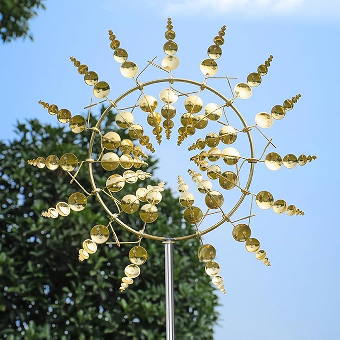 Unique and Magical Metal Windmill, 2Pcs Wind Spinners, 3D Wind Powered Kinetic Sculpture, Stainless Steel Wind Spinners, Wind Mill for Yard and Garden (2PCS-Golden)