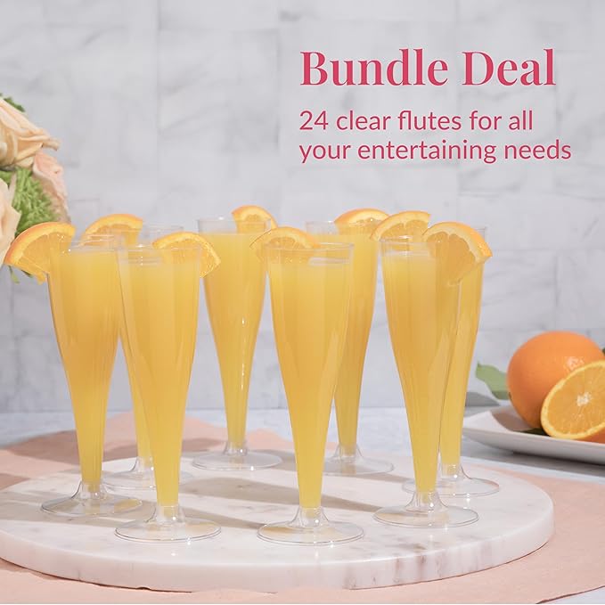 Prestee Set of 24 Clear Plastic Champagne Flutes - 4.5 oz Capacity Shatterproof Disposable Glasses - Suitable for Weddings, Cocktail Parties, and Outdoor Celebrations