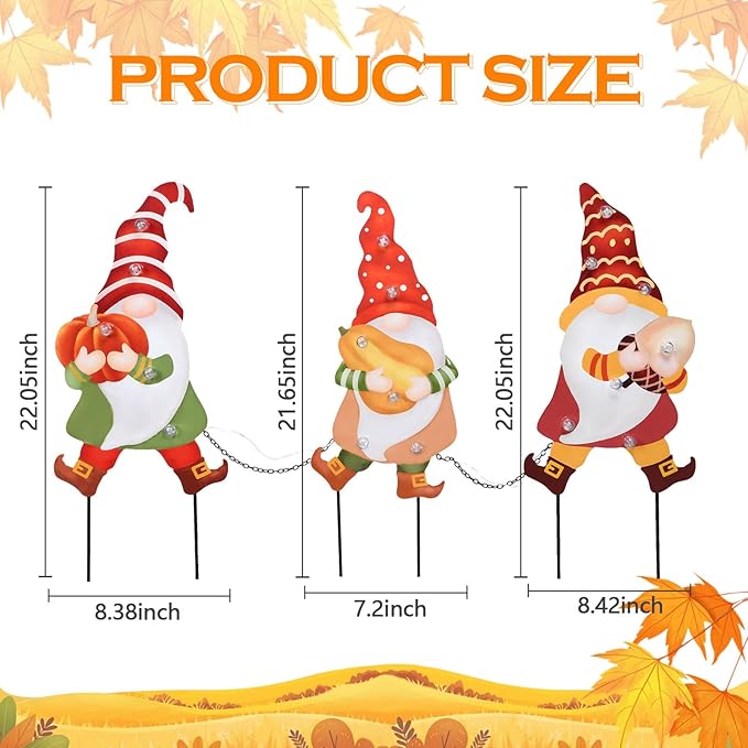 WONDER GARDEN 3 PCS Fall Yard Sign Metal Gnomes Decorative Garden Stakes with Led Lights Autumn Harvest Pumpkin Thanksgiving Garden Lawn Porch Patio Decorations Outdoor