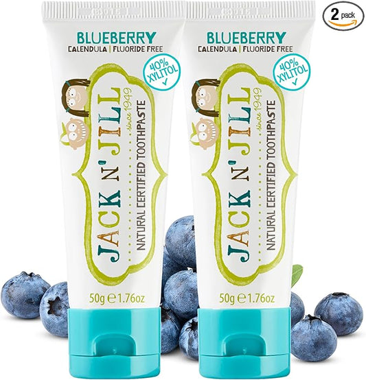 Jack N' Jill Natural Toothpaste for Baby and Infants - Fluoride Free Training Toothpaste, 40% Xylitol, BPA Free - Blueberry, 1.76 oz (Pack of 2)