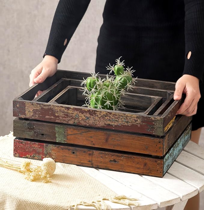 TIMRIS Set of 3 Rustic Distressed Wood Nesting Crates, Farmhouse Decorative Wooden Storage Boxes, Large Vintage Reclaimed Wood Baskets for Display (Random)