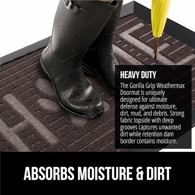 GORILLA GRIP 100% Waterproof All-Season WeatherMax Doormat, 47x35, US Designed Natural Rubber, Stain and Fade Resistant, Low Profile Indoor Outdoor Door Mats, Easy Clean Patio Mat, Espresso Home Paw