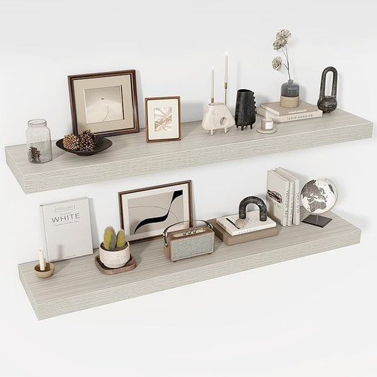 55 Inch Floating Shelves, 12" Deep Floating Shelf Wall Mounted, 55" Wall Shelves, Rustic Deep Bookshelf, Extra Deeper & Thicker Display Shelves for Bedroom, Living Room, Gray, Set of 2