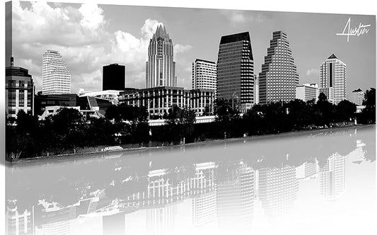 Austin Skyline Wall Art Black and White City Building for Living Room Cityscape Canvas Print Modern Home Decor Artwork Framed 14x48 Inch 1 Panels Panorama Pictures Landscape Poster Decoration