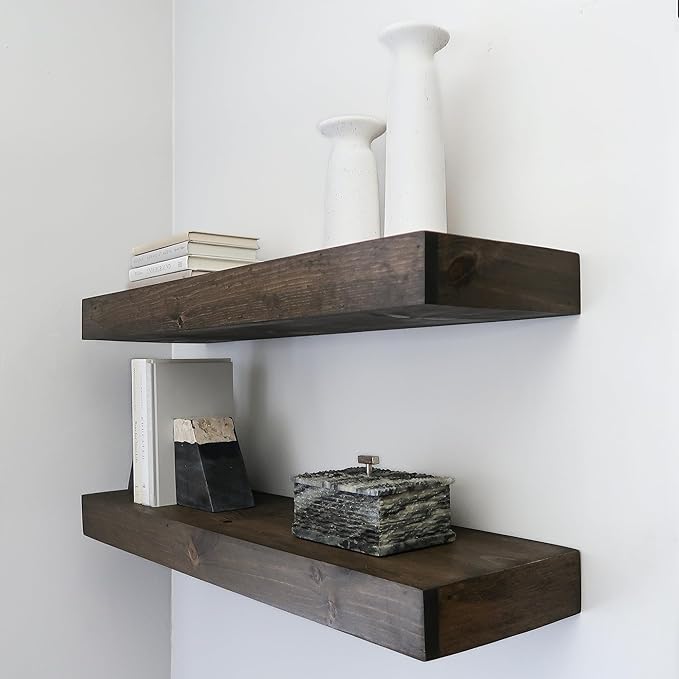 Modern Floating Shelves 3 Inches Thick for Wall, Wide Shelves for Kitchen, Living Room, Bedroom, and Bathroom, Natural Pine Wood, Rustic Wooden Shelf, (Set of 2) (Jacobean, 60Lx3Hx6D)
