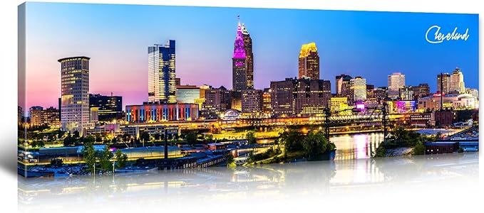 Cleveland Skyline Wall Art Colorful Canvas Prints Night View Ohio USA Cityscape Panoramic City Building Painting for Bedroom Office Decor Framed and Ready to Hang 13.8"x45.3"