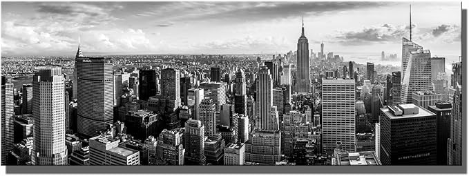LevvArts New York Canvas Wall Art Black and White City Skyline Picture Panoramic Photo Canvas Print Modern Home Office Living Room Wall Decoration Ready to Hang 20"x55"