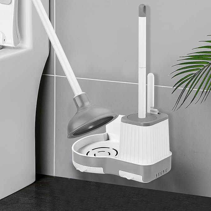 Toilet Brush and Plunger, 3 in 1 Toilet Bowl Brush and Holder with Crevice Cleaning Brush Wall Mounted Household Bathroom Cleaning Tools Combo Set(White-Gray)