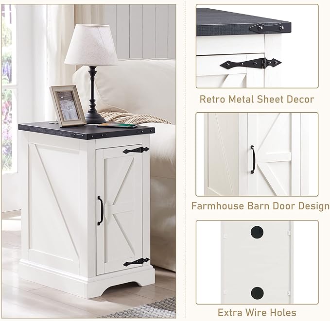 JXQTLINGMU Nightstand with Charging Station, Rectangular Farmhouse End Table with Barn Door and Adjustable Storage Shelf, 17" Deep Wood Rustic Sofa Side Table for Living Room, Bedroom, White