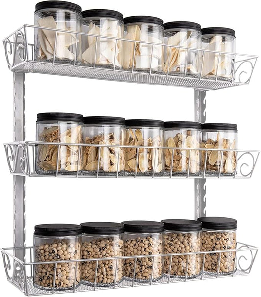 SWOMMOLY Adjustable Wall Mount Spice Rack, 3-Tier Dual-use (Multi-use) Organizer, Silver