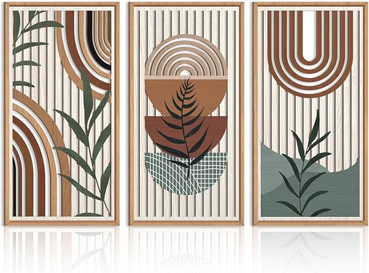 IARTTOP Large Boho Wall Art Set Of 3 Framed Mid Century Modern Wall Decor Abstract Geometric Wood Wall Art For Bedroom Living Room Office 16"x 32"
