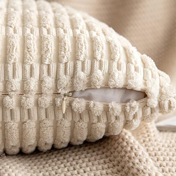 MIULEE Pack of 2 Corduroy Decorative Throw Pillow Covers 12x12 Inch Soft Boho Striped Pillow Covers Modern Farmhouse Home Decor for Sofa Living Room Couch Bed Cream White