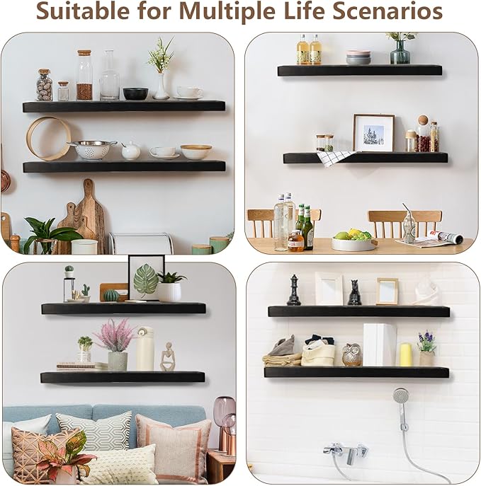 Solid Wood Floating Shelves Set of 2 - Natural, Warp & Crack Resistant 35.43 Inch Wall Shelf with Invisible Brackets Thicker, More Durable for Bathroom, Bedroom, Kitchen, Living Room (Black, 35.43)