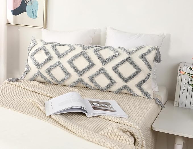 PANOD Decorative Long Lumbar Pillow Cover 14x36 Boho,Super Soft Chenille Extra Long Lumbar Pillow Case Cover with Tassel for Bed Sofa Couch Farmhouse Livingroom,Grey,Modern Skinny