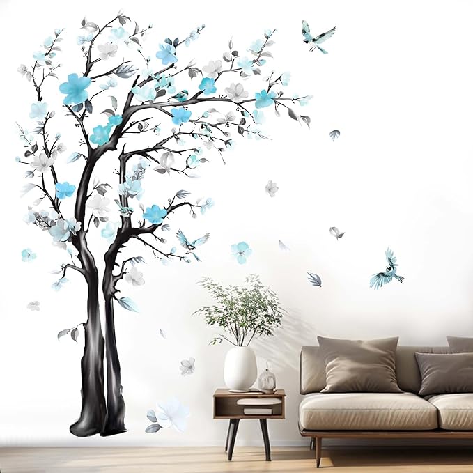 Large Watercolor Tree Wall Decals - Flower Tree Branch Wall Stickers - Bedroom Living Room Sofa TV Background Home Wall Decor