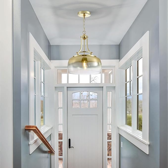 WUZUPS Gold Chandelier Rustic Farmhouse Industrial Round Ceiling Pendant LED Light Fixture with Gradient Glass Shade for Dining Room Kitchen Island Foyer Entryway, H 17" W 13.4", E26 Base