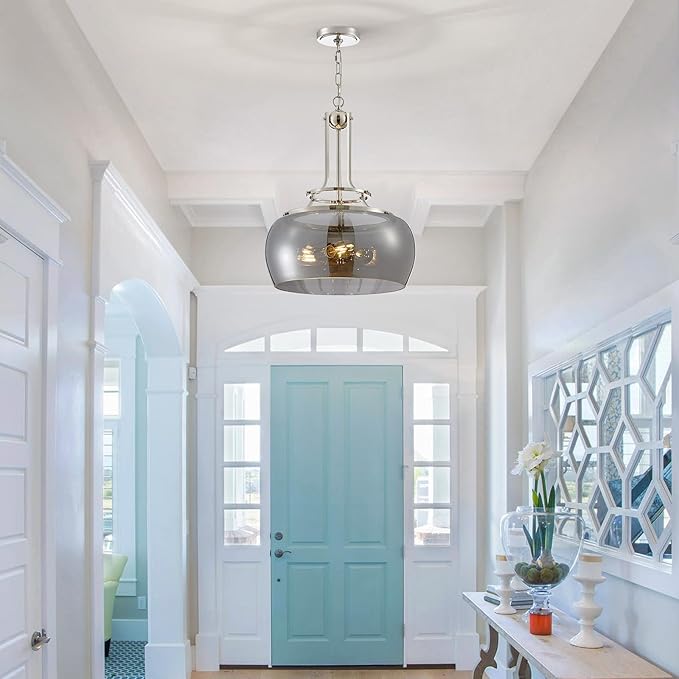 WUZUPS Nickel Chandelier Rustic Farmhouse Industrial Round Ceiling Pendant LED Light Fixture Electroplated Gray Glass Shade for Dining Room Kitchen Island Foyer Entryway, H 20.9" W 15.9", E26 Base