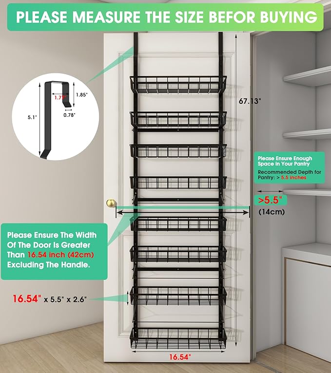 Over The Door Pantry Organizer, Wall Mount Spice Rack, Pantry Hanging Storage and Organization, 8 Adjustable Baskets Heavy-Duty Metal for Home & Kitchen, Back of Door Seasoning Rack - Black