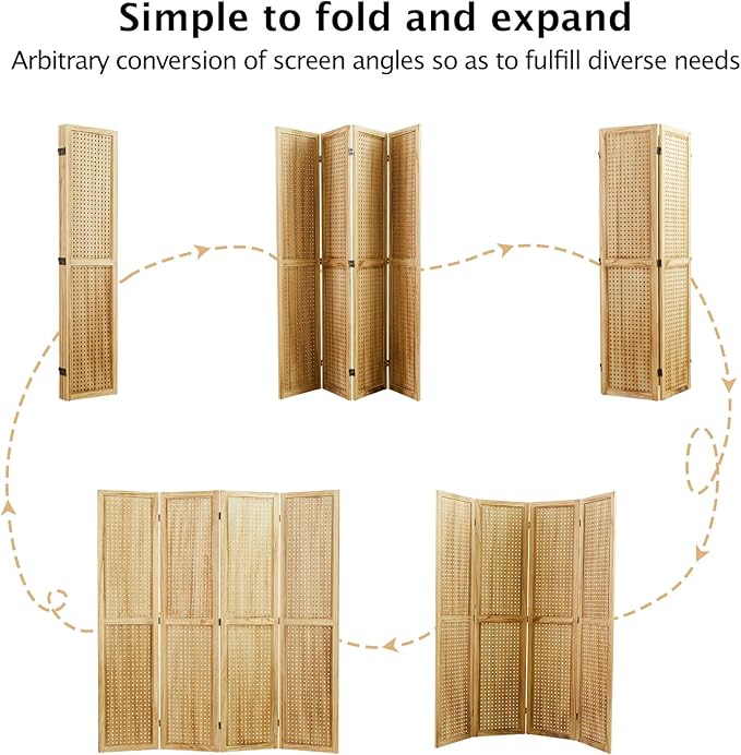 Room Divider Freestanding Folding Pegboard Privacy Screen | 4-Panel Display Stand for Jewelry, Craft Shows, Retail | Natural Wood, Portable & Space-Saving Design (Natural)
