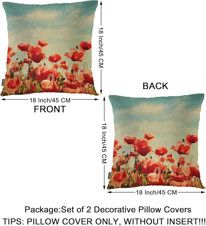 Swono Poppy Bed Pillow Covers, Vintage Blossom Red Roses Poppies Flied Decorative Throw Pillow Cover Cushion Case for Sofa Bed Living Room Farmhouse Decorations, 18"X18" 2 Pieces Pillowcases