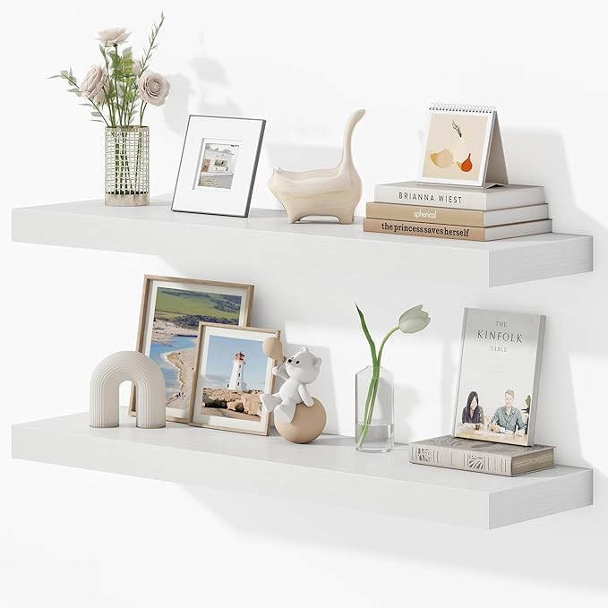 36 Inches Floating Shelves for Wall, 9.3" Deep Long Floating Shelves Set of 2, Large Display & Storage Shelf, Wall Shelf for Bathroom Bedroom Living Room Kitchen Office, White