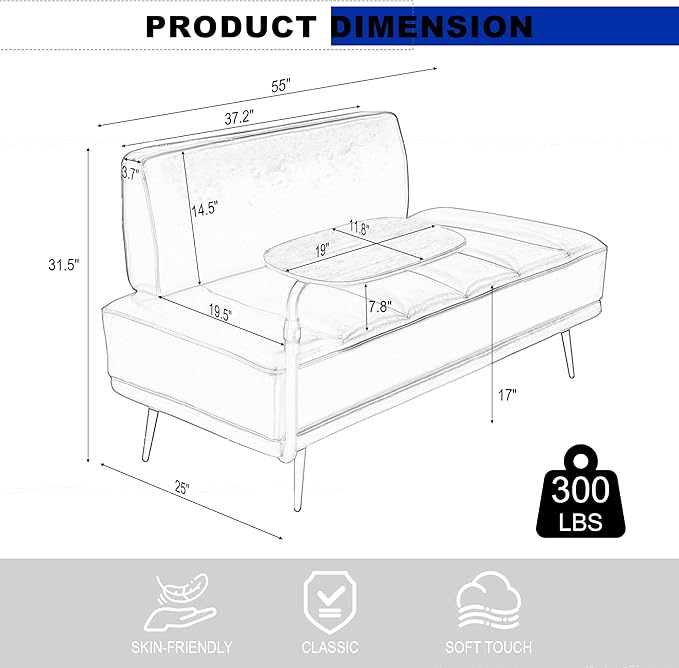 Sofa,Bed Bench,Small Spaces Furniture,Polyurethane Leather,Wood Frame,High Density Sponge Infillings,360-Degree Swivel Tray,Black Metal Leg (Blue)