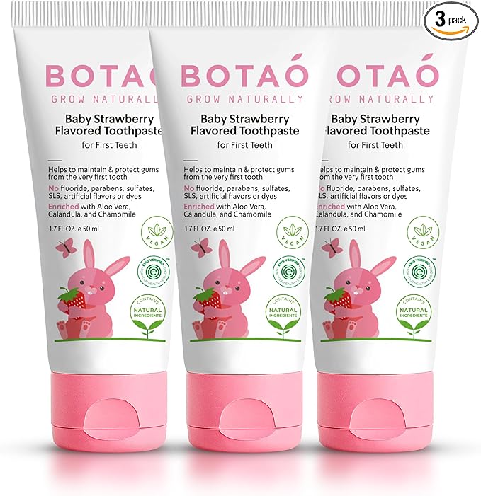 Fluoride Free Baby Toothpaste | Natural Toddler Toothpaste | Strawberry Flavored - Training Toothpaste for Toddlers | EWG Verified, Vegan, SLS Free, Safe to Swallow, Aloe Vera (3 Pack)
