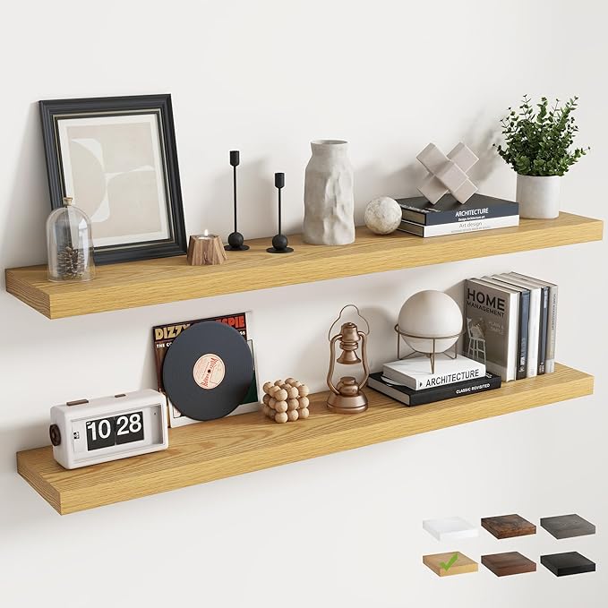 55 Inch Floating Shelves for Wall Set of 2, 8"D Wood Grain Bathroom Shelves with Invisible Brackets, Easy Install Engineered Wood Storage Shelves for Kitchen, Living Room, Bedroom, Oak Finish