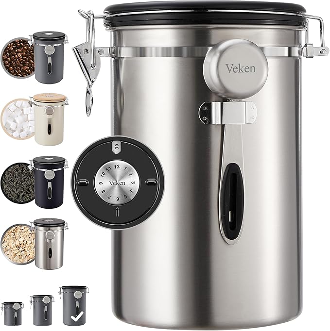 Veken Coffee Canister, 39OZ Large, Airtight Stainless Steel Food Storage Container for 2.2lbs Coffee Beans, Ground, Sugar, Tea, Flour, Rice, Cereal, Cookies Jars, Bar Accessories & Gifts, Silver