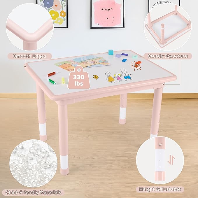 Kids Table and 2 Chairs Set, Height Adjustable (17.7"-26.1") Toddler Table and Chair Set, Multi-Activity Table with Graffiti Desktop, Children’s Table and Chairs for Classroom, Home & Daycare