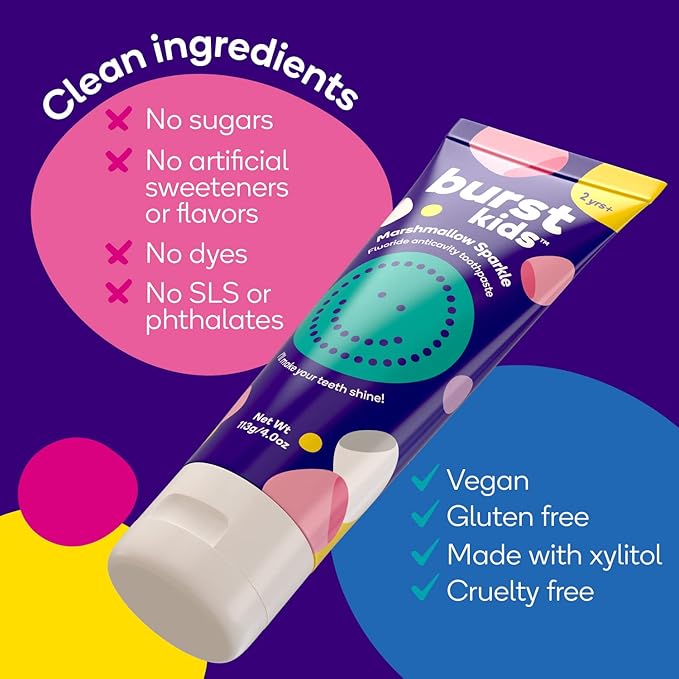 BURST Marshmallow Sparkle Kids Toothpaste with Fluoride (4oz/2 Pack) | Great Tasting | Flavored for Children & Toddlers | Anticavity | Dye Free & Vegan | Safe for Kids Ages 2+