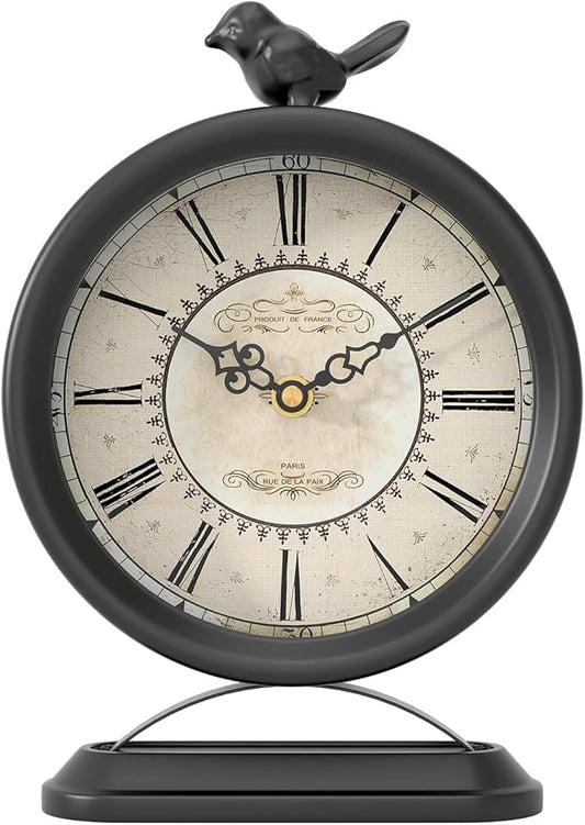Vintage Table Clock with Bird, European Antique Style Black Mantel Clocks, Desk and Shelf Decor Clock, for Farmhouse, Bedside, Living Room, Bedroom, Gift (9" H x 6.5" W)