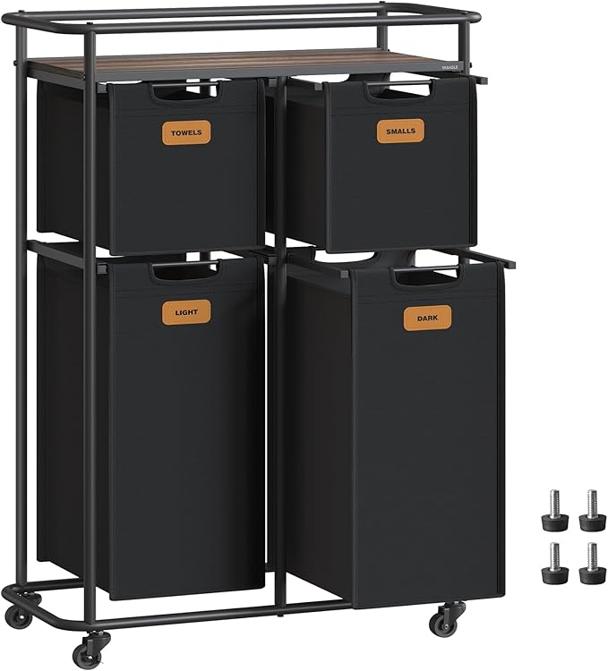 VASAGLE Laundry Sorter, Laundry Hamper with Wheels, 39.6 Gal. (150 L) Portable Rolling Cart Baskets with Shelf, 4 Removable Liners and 6 Labels, Ink Black and Chestnut Brown URLS100B01