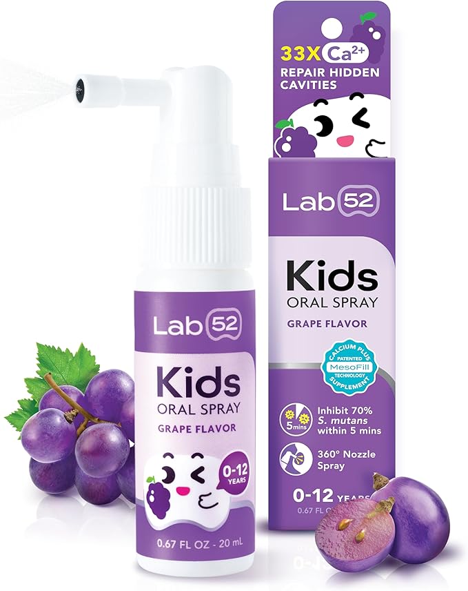 LAB52 Kids Oral Spray, Toddler Toothpaste Helper for Cavity Repair and Fresh Breath, Children Anticavity with Fluoride Free for Newborn to Preschoolers, Xylitol Grape Flavor