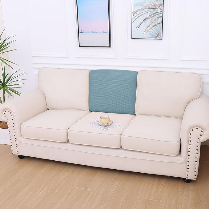 hyha Waterproof Couch Cushion Covers for Pets, Non Slip Sofa Seat Cover for Dogs Washable, Soft Thick Stretch Jacquard Fabric, Sofa Slipcovers with Elastic Bottom (1 Piece for Backrest M, Lake Blue)