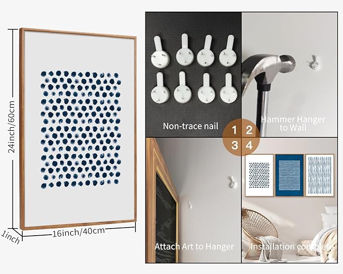 Tinonedraw Navy Blue White Framed Canvas Wall Art Set, Modern Geometric Dots Line Wall Decor, Neutral Abstract Shape Artwork, Cozy Contemporary Art Prints for Bedroom Living Room Office 16"x24"x3