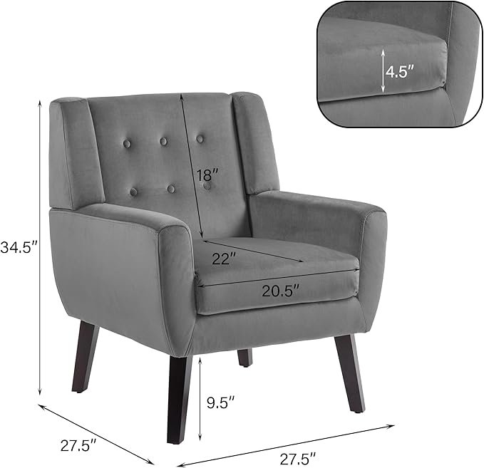 UIXE Accent Chair, Velvet Upholstered Armchair for Living Room, Modern Club Arm Chairs Comfy Single Sofa Button Tufted Bedroom Reading Seat - Gray, Set of 1