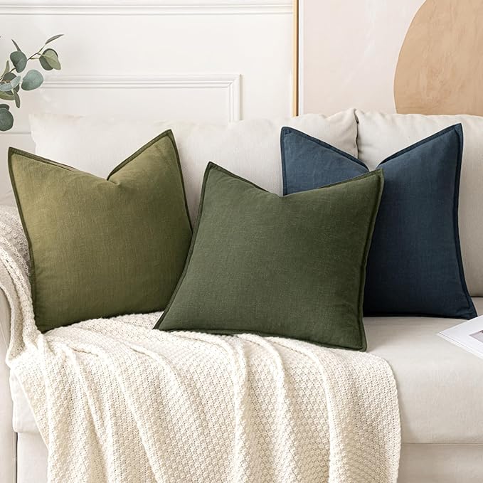 MIULEE Decorative Linen Pillow Covers 20x20 Inch Dark Olive Green Boho Farmhouse Neutral Christmas Couch Throw Pillows for Bed Pack of 2 Accent Modern Pillowcase Sofa Livingroom Home Decor