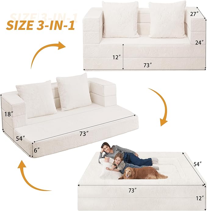 Folding Bean Bag Chair for Adults,3-in-1 Bean Bag Couch Faux Fur Floor Sofa Large Beanbag Convertible Bean Bag Sofa Bed with Pillow in Bedroom,Living Room,Apartment(Queen,Milky White)