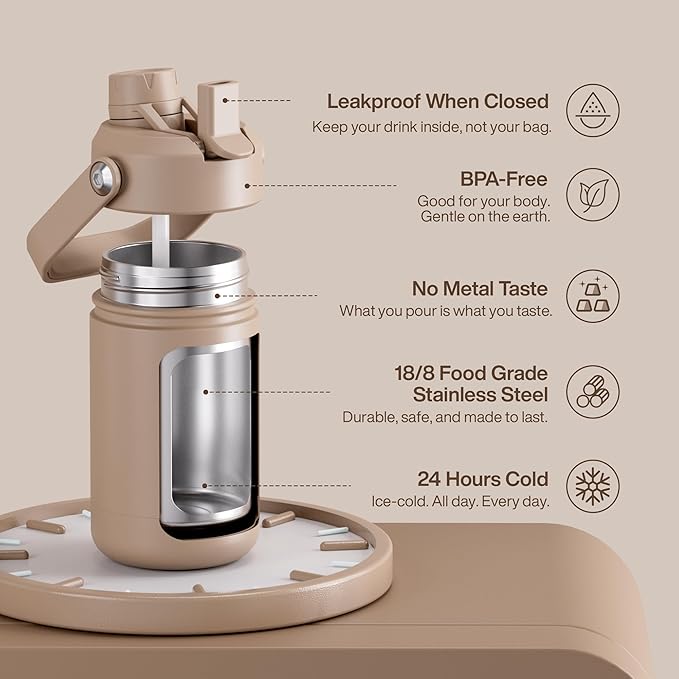 Kids Insualated Water Bottle with Straw - 12oz Stainless Steel Water Bottle with Dual Spouts, Leak-Proof, BPA-Free, Double Wall Vacuum Keeps Cold for 24 Hours for Sports, Travel, School (Raw Umber)