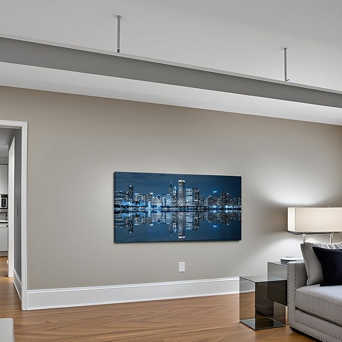 LevvArts Modern City Wall Art Chicago Downtown at Night Picture Print on Canvas Building Artwork for Office Living Room Wall Decoration