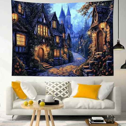 LB Vintage Castle Tapestry, Night Street Old House and Green Tree Wall Tapestry for Bedroom Aesthetic, Village Gothic Wall Art for Living Room Dorm Home Decor Ready to Hanging, 48 x 36 Inches