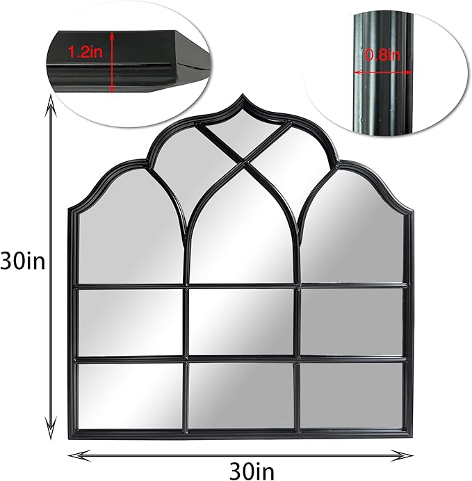 Window Mirror Pane, Black Metal Frame, Cathedral Arched Wall Mirrors Decorative Over Fireplace Mantel, Farmhouse Decorations for Dining Living Room Hallway Entryway