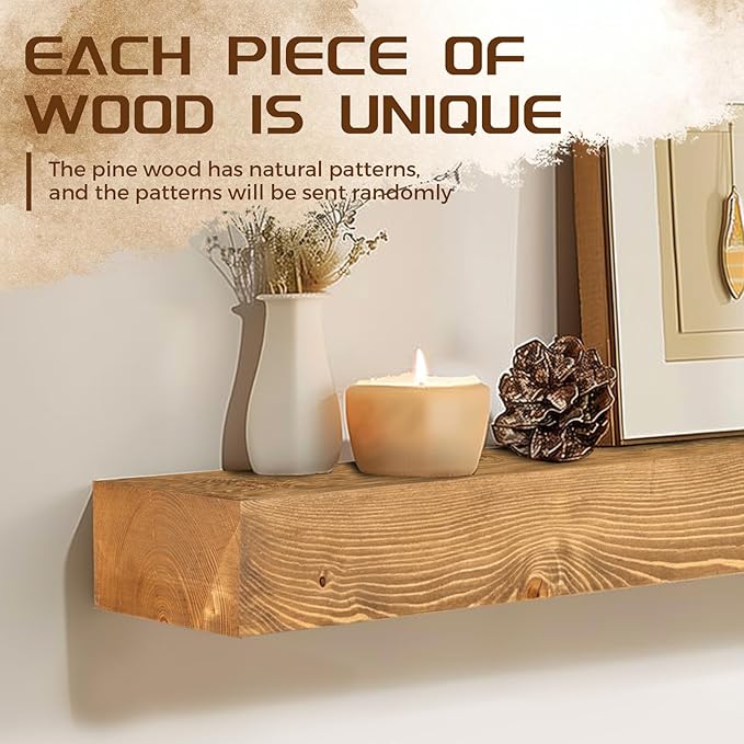 48x7x3 Fireplace Mantel - Solid Rustic Wood - Wall Mounted Floating Shelf with Invisible Heavy Duty Steel Bracket (Natural Wood)