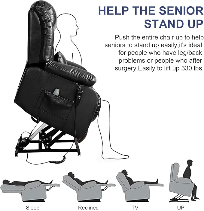 MAEVIS Large Genuine Leather Power Lift Recliner Chair, Dual Motor Recliner for Elderly,Extended Footrest and Lumbar Pillow for Tall Man,with Heat and Massage, USB and Type-C Ports(Black)