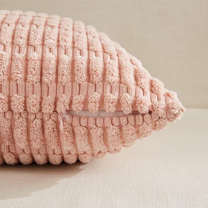 Fancy Homi 4 Packs Blush Pink Boho Lumbar Decorative Throw Pillow Covers 12x20 Inch for Couch Bed Sofa, Soft Striped Corduroy Rectangle Light Pink Coral Peach Cream Accent Cushion Case 30x50 cm