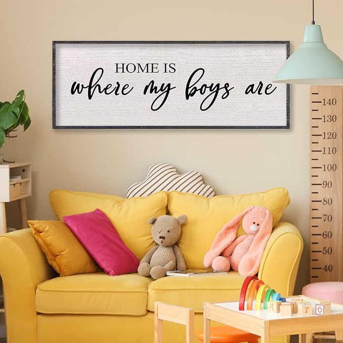 Home Is Where My Boys Are Wall Decor 32"×12" mom and her boys Sign for boys room Playroom Large Wood Framed Wall Hanging Art (Black)