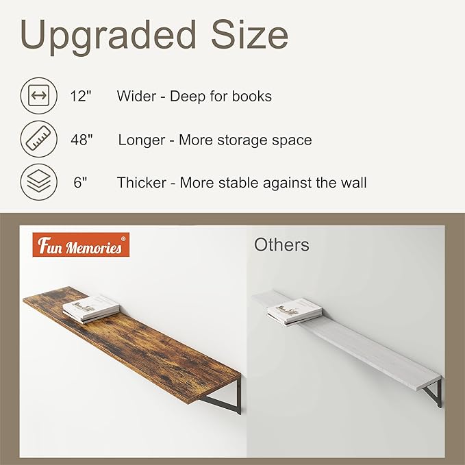 12 Inch Deep Floating Shelves,48W x 12D Floating Shelves, Deep Wall Shelves Bracket Set of 2, Large Display Floating Shelf for Bathroom, Living Room, Wide Storage Wooden Wall Shelf, Rustic Brown
